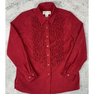Orvis Tuxedo‎ Ruffle Blouse Sz 6 Sueded Polyester Button Up Rodeo Red